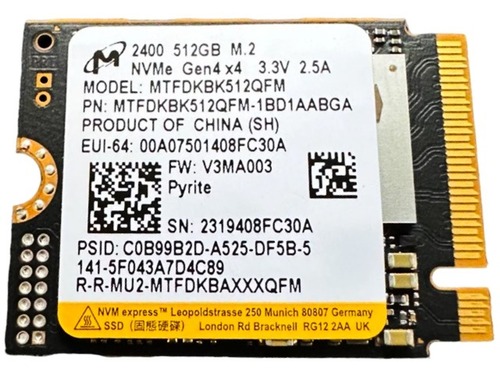 (Micron MTFDKBK512QFM) 512GB Solid State Drive - M.2 2230 - PCIe NVMe Gen 4.0 x4 - TLC - Internal - Dell KCPR2